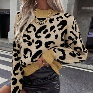 Multicolor Casual Women's Leopard Print Crew Neck Long Sleeve Pullover Sweater